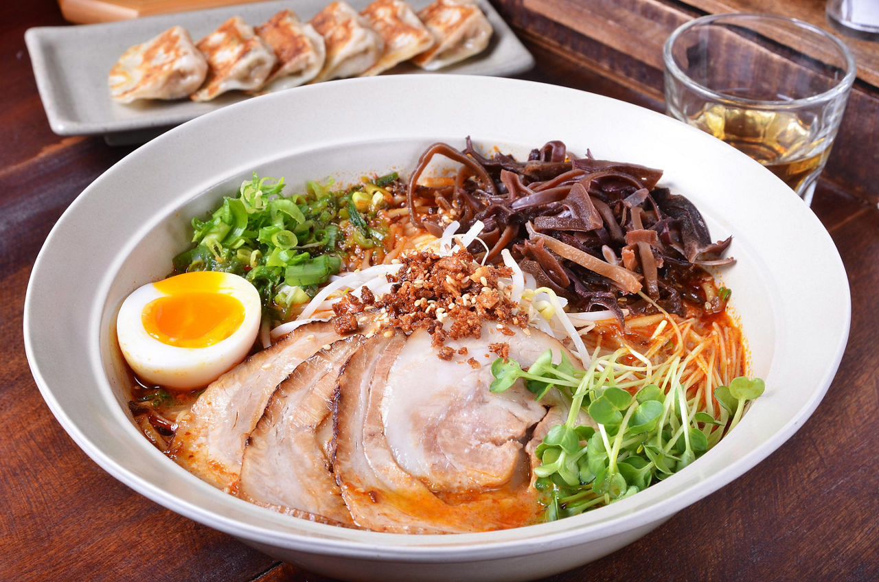 Traditional ramen noodles in a bowl in Japan