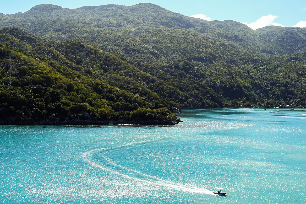 Aerial view of the mountainous coast a private island vacation destination. Labadee.