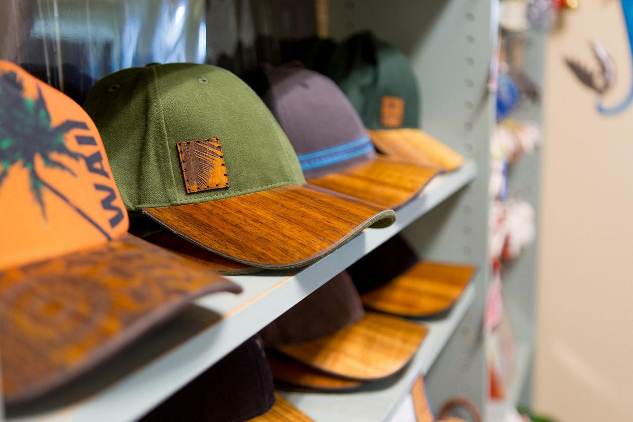 Koa wood brimmed hats in Maui, Hawaii