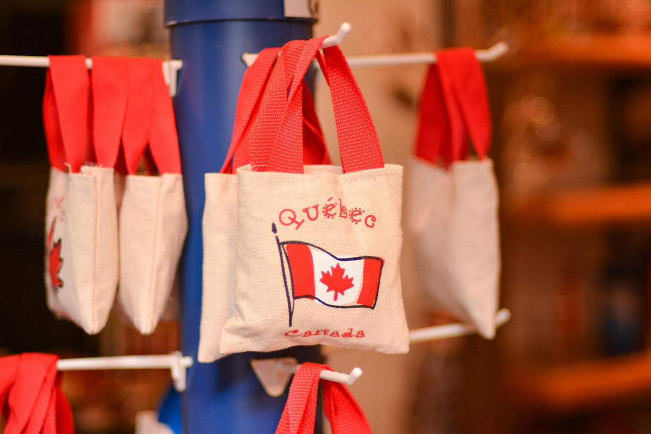 Tote bags with the Canadian flag for sale in a souvenir shop in Montreal, Quebec