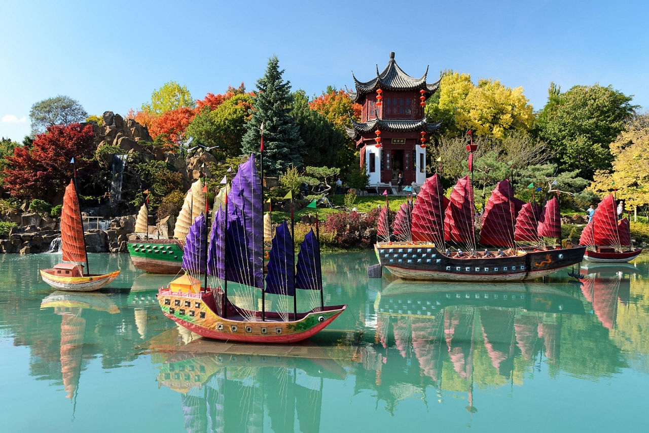 The Montreal Botanical Garden, with Asian boats on a pond, in Montreal Quebec