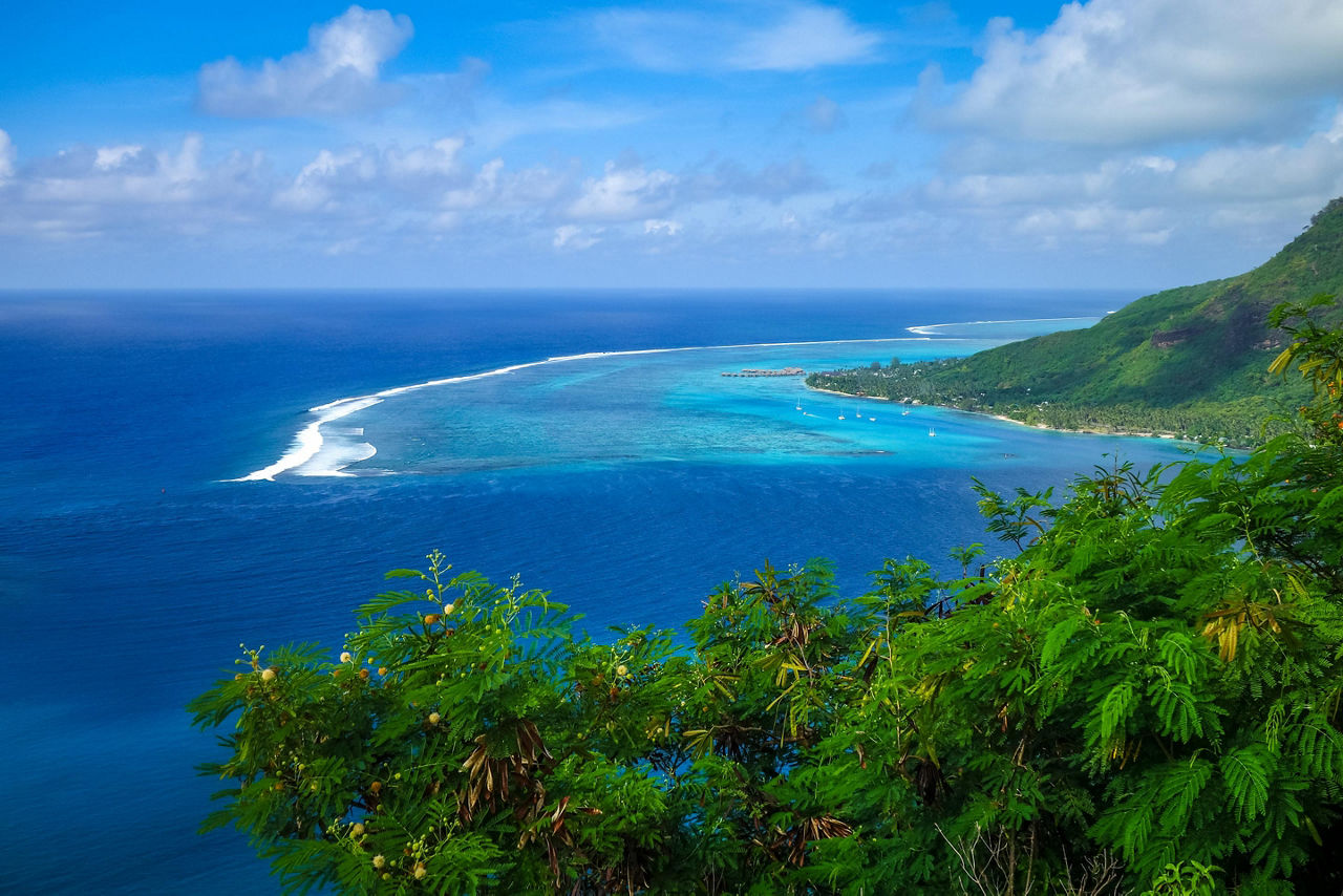 Moorea, French Polynesia, Aerial view of Opunihu Bay