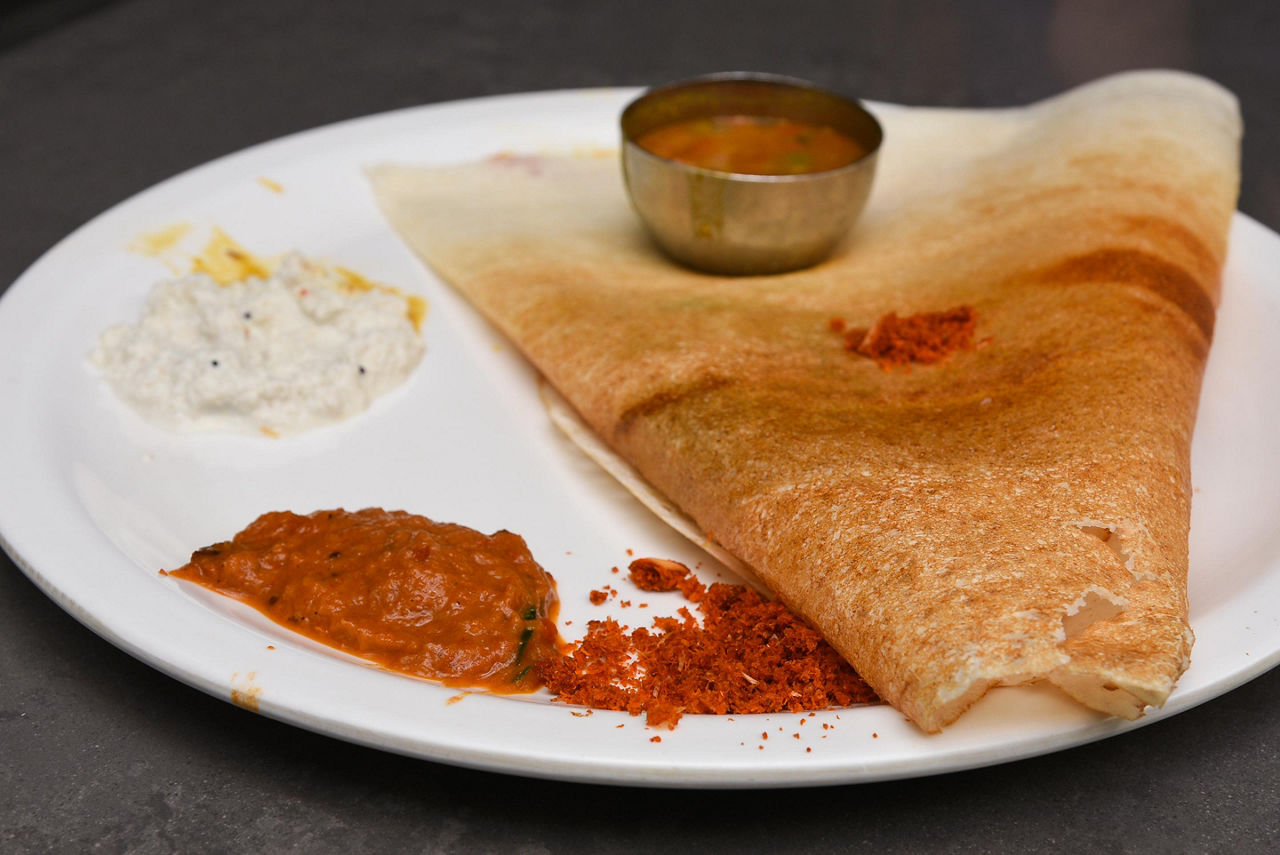 Masala dosa with potato stuffed inside, very popular breakfast in Mumbai, India