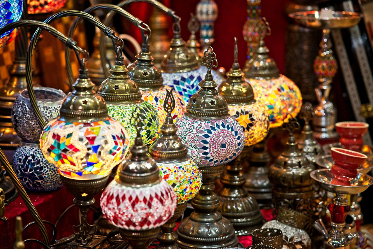 Beautiful and colorful decorative lamp shade lanterns being sold at the Muttrah Square in Muscat, Oman