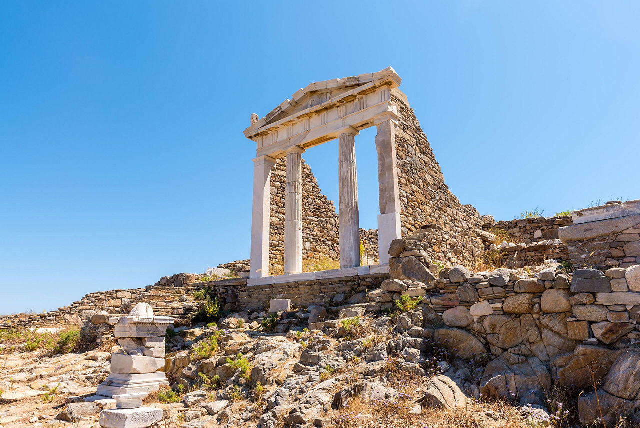 The Temple of Isis in archaeological site of Delos island, Mykonos, Greece