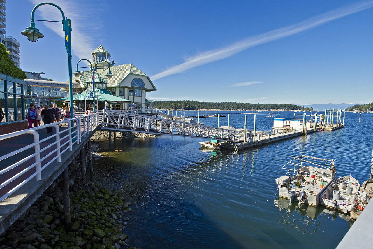 A harbor and waterfront walkway in Nanaimo, British Columbia