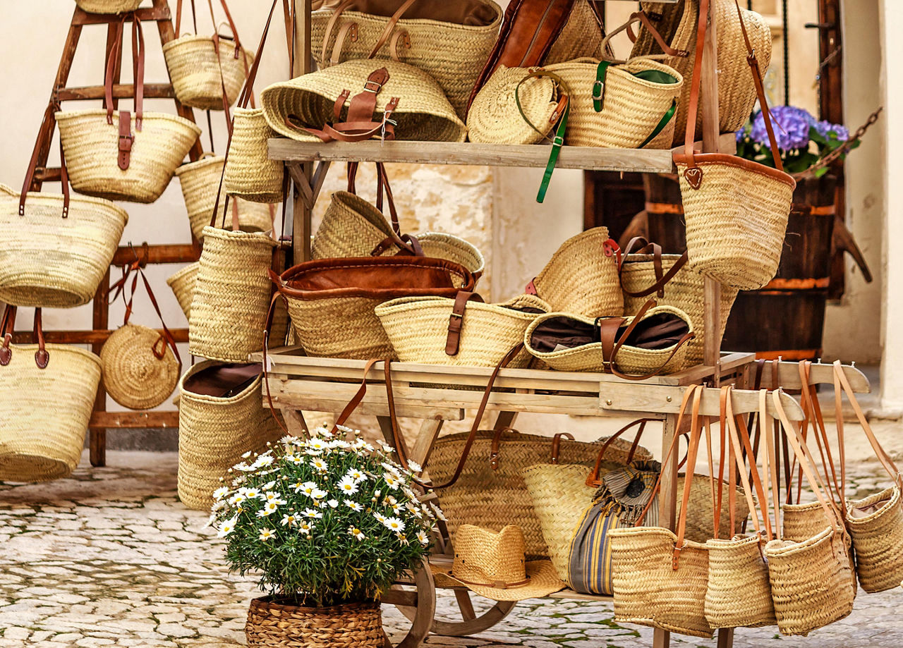 A straw bag market in Palma de Mallorca, Spain