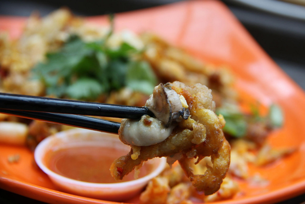 A close up of fresh oyster mixed into an omelette