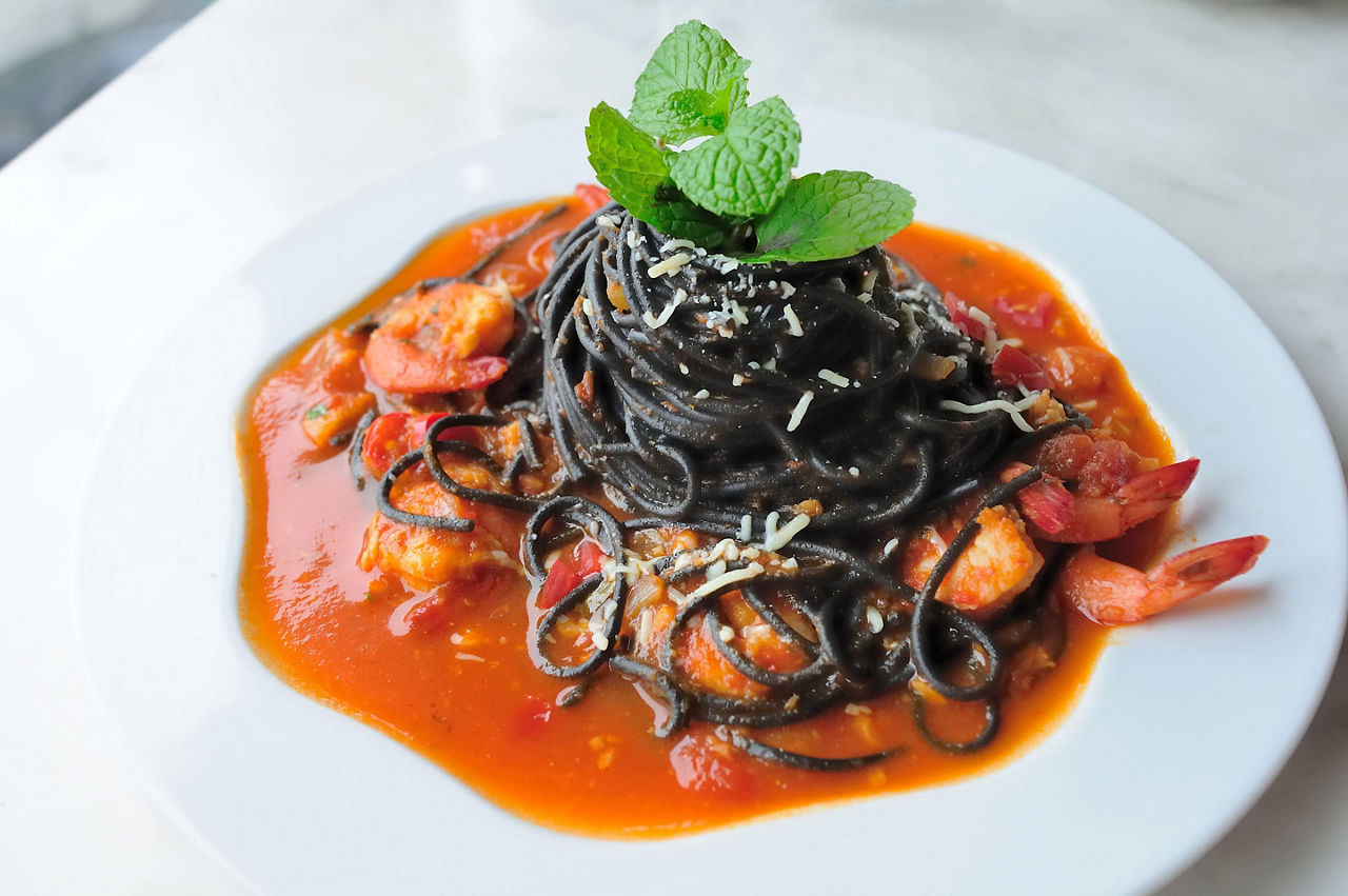 Squid Ink Spaghetti with spicy shrimps in Port Douglas, Australia