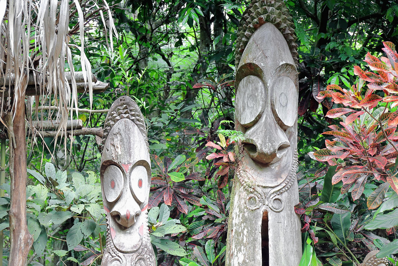 Two wooden tam tamsin from tree trunks in Port Vila, Vanuatu