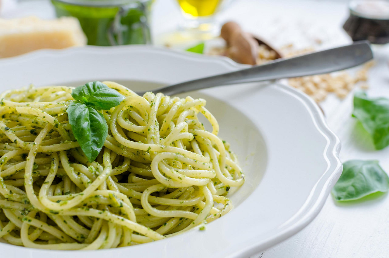 Pesto alla genovese, Ligurian style pesto spaghetti with basil, in an eatery in Portofino, Italy