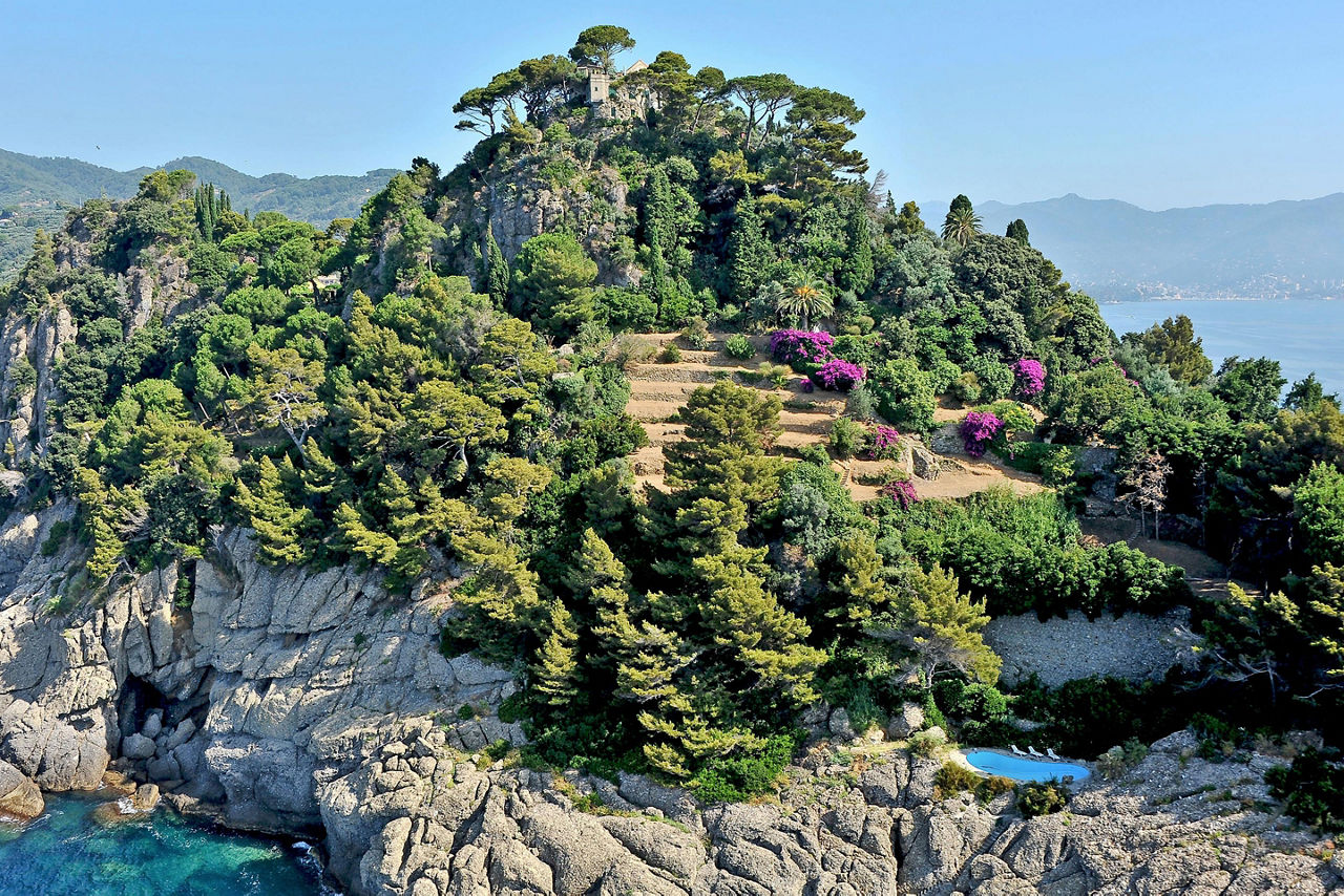 Promontory in Portofino regional park overlooking the Mediterranean Sea, in Portofino, Italy