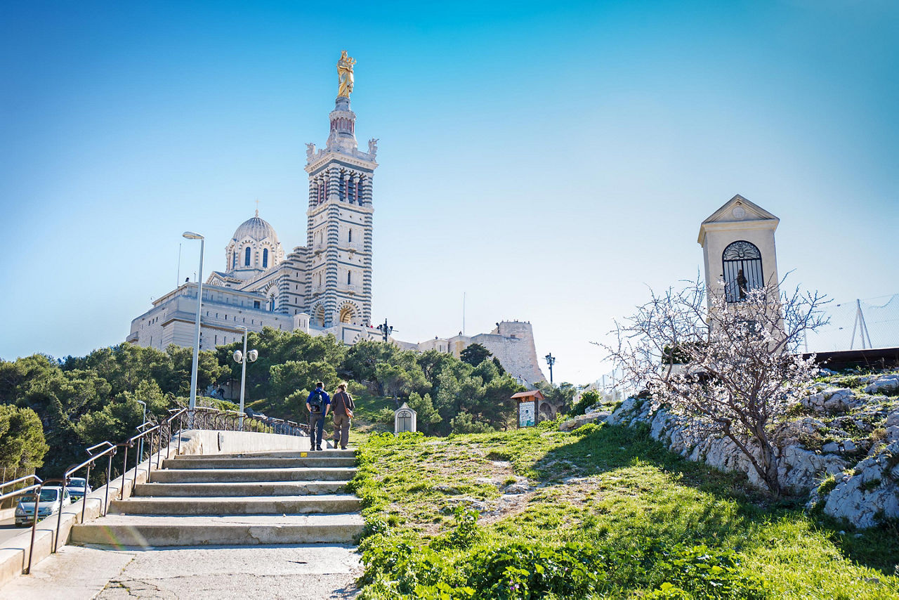 The steps leading up to the  Notre Dame de la Garde basilica in Marseille, France