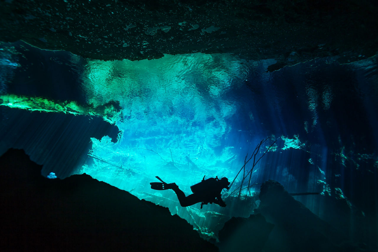 Cenote Azul Scuba Diver, Costa Maya, Mexico 