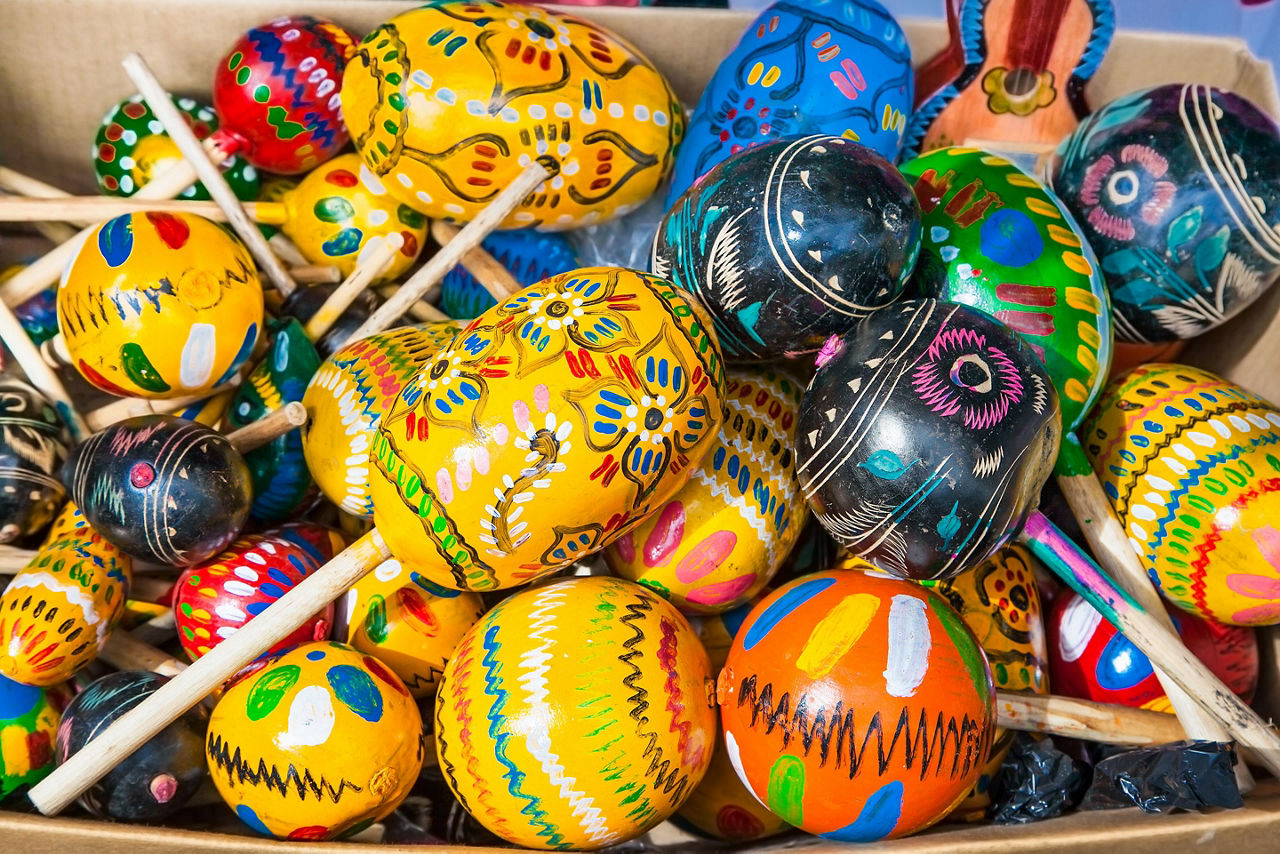 Colorful wooden maracas at street shop in Puerto Quetzal, Guatemala 