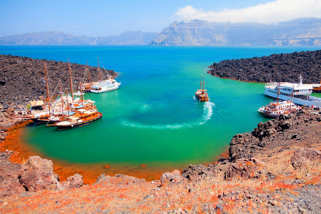 Nea Kameni volcanic island in Santorini, Greece