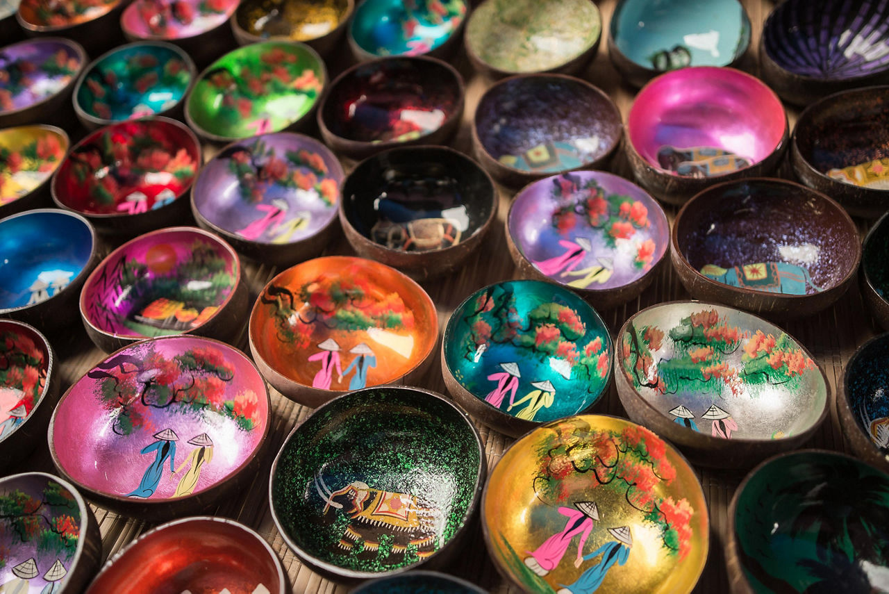 Coconut shell bowls for sale at a market