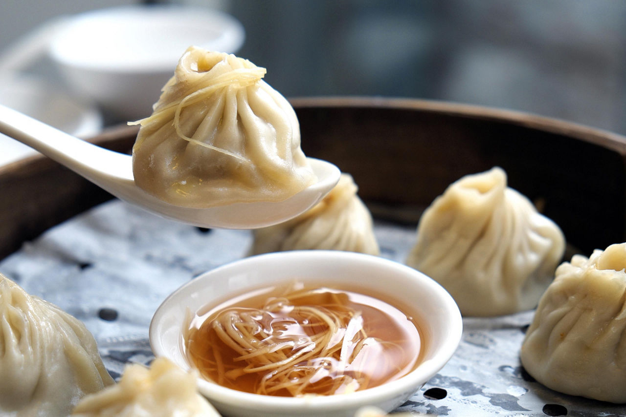 Dumplings with dip in Shanghai, China