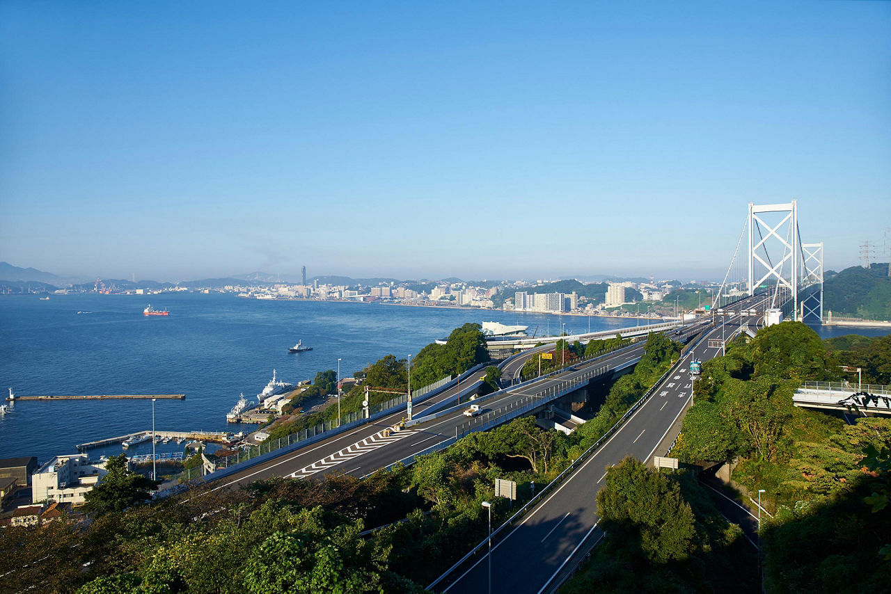 Panoramic view fo the Kanmon bridge in Shimonoseki, Japan