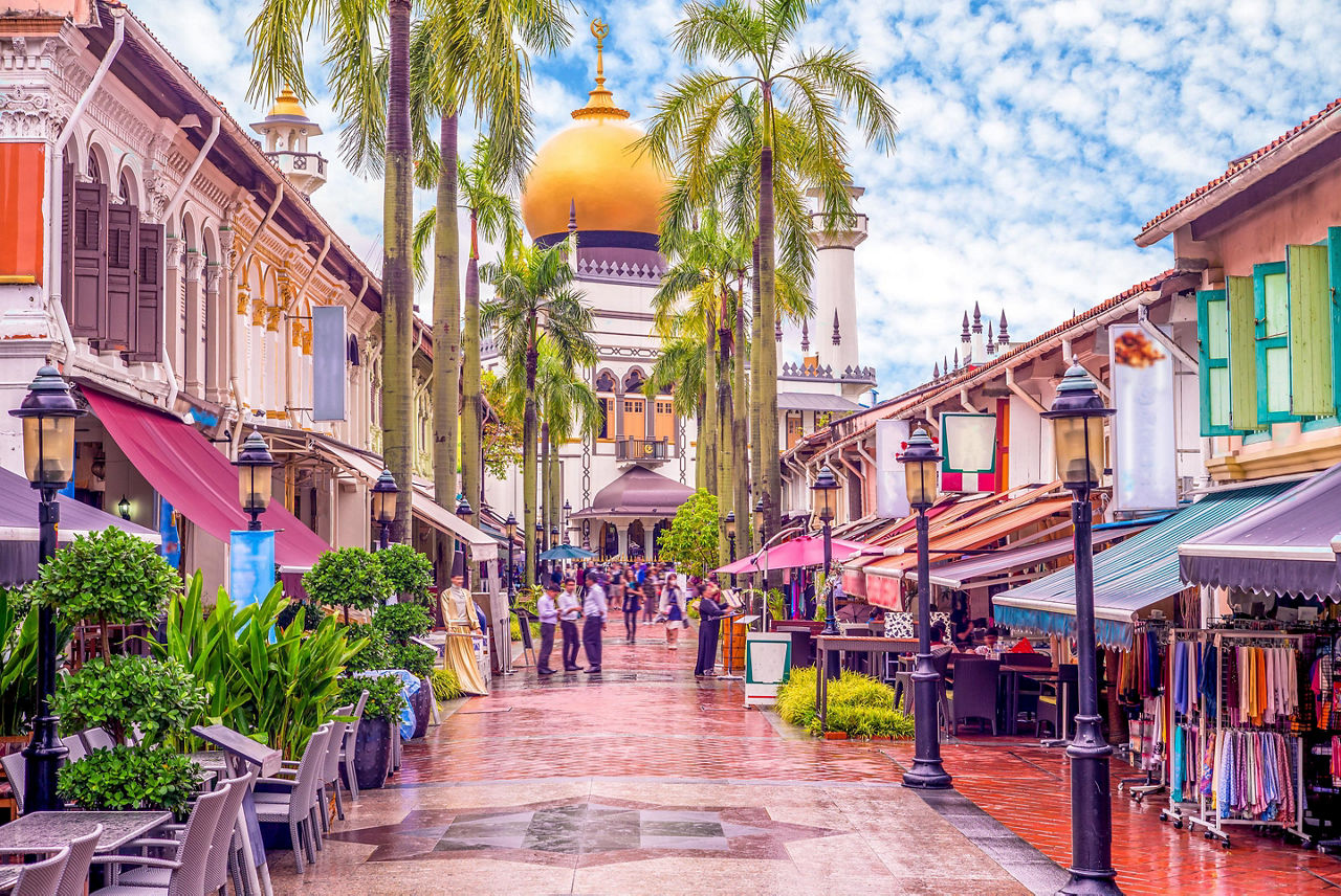 View of the street with Masjid Sultan in the background in Singapore