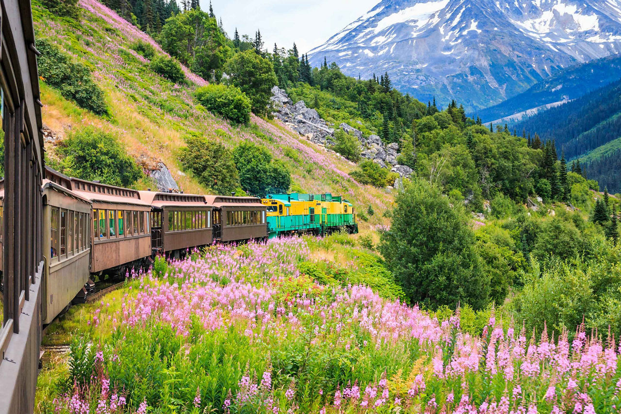 Vintage Rail Car White Pass Yukon Route Bridal Veil Falls, Skagway, Alaska 