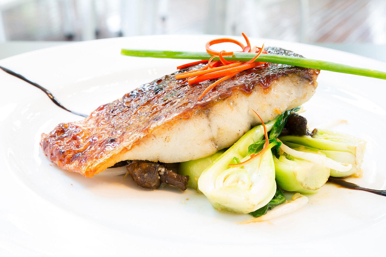 A grilled barramundi steak on a white plate