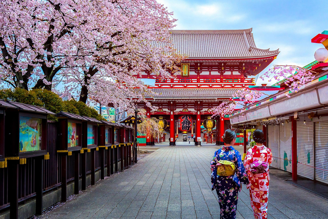 Two geishas walking by the Sensoji Temple in Tokyo, Japan