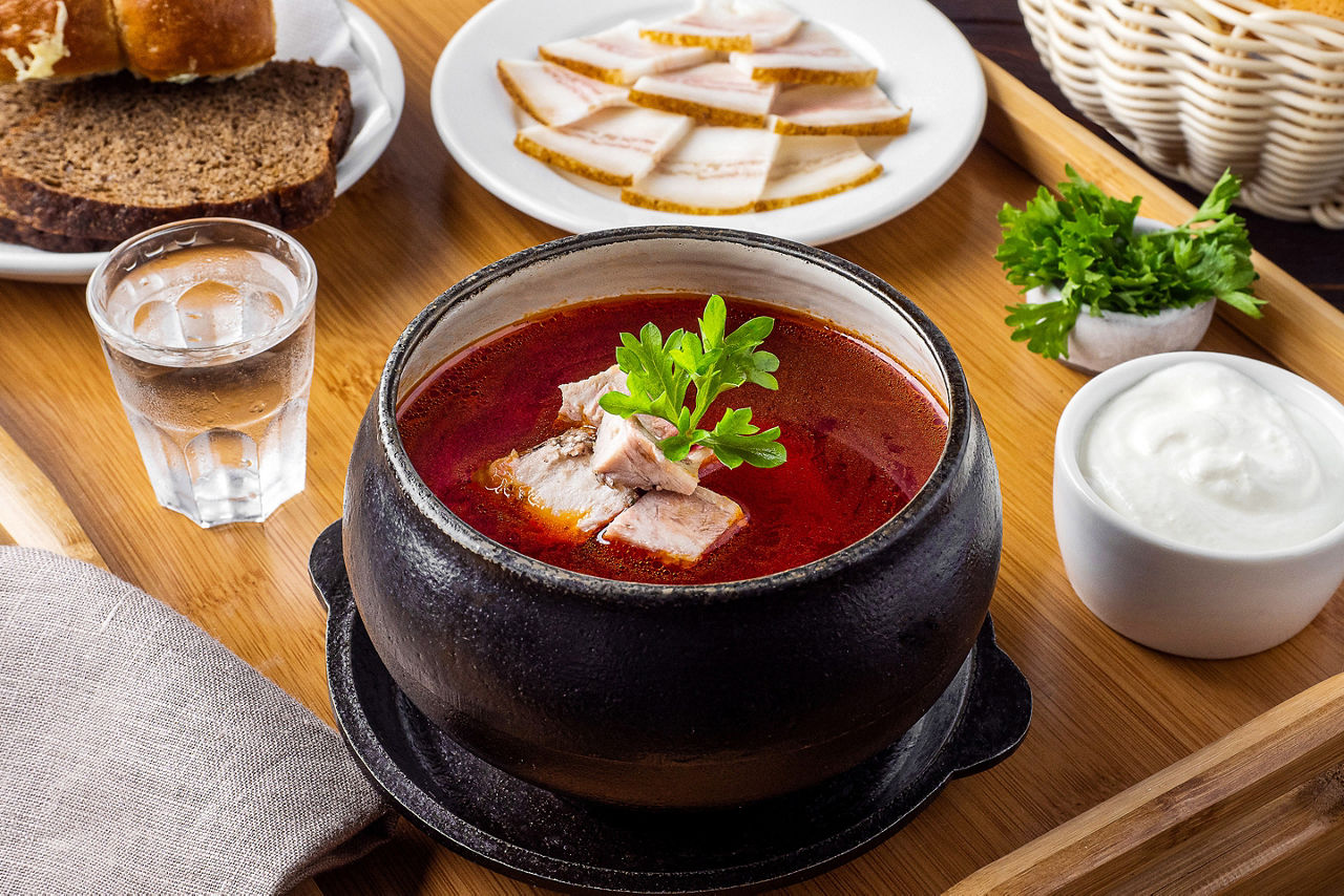 Russian Food Served with a Drink of Vodka, Vladivostok, Russia