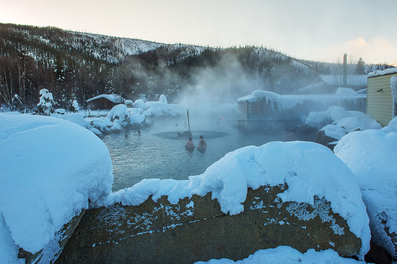 Chena hot spring on the top of mountain in snow. Alaska