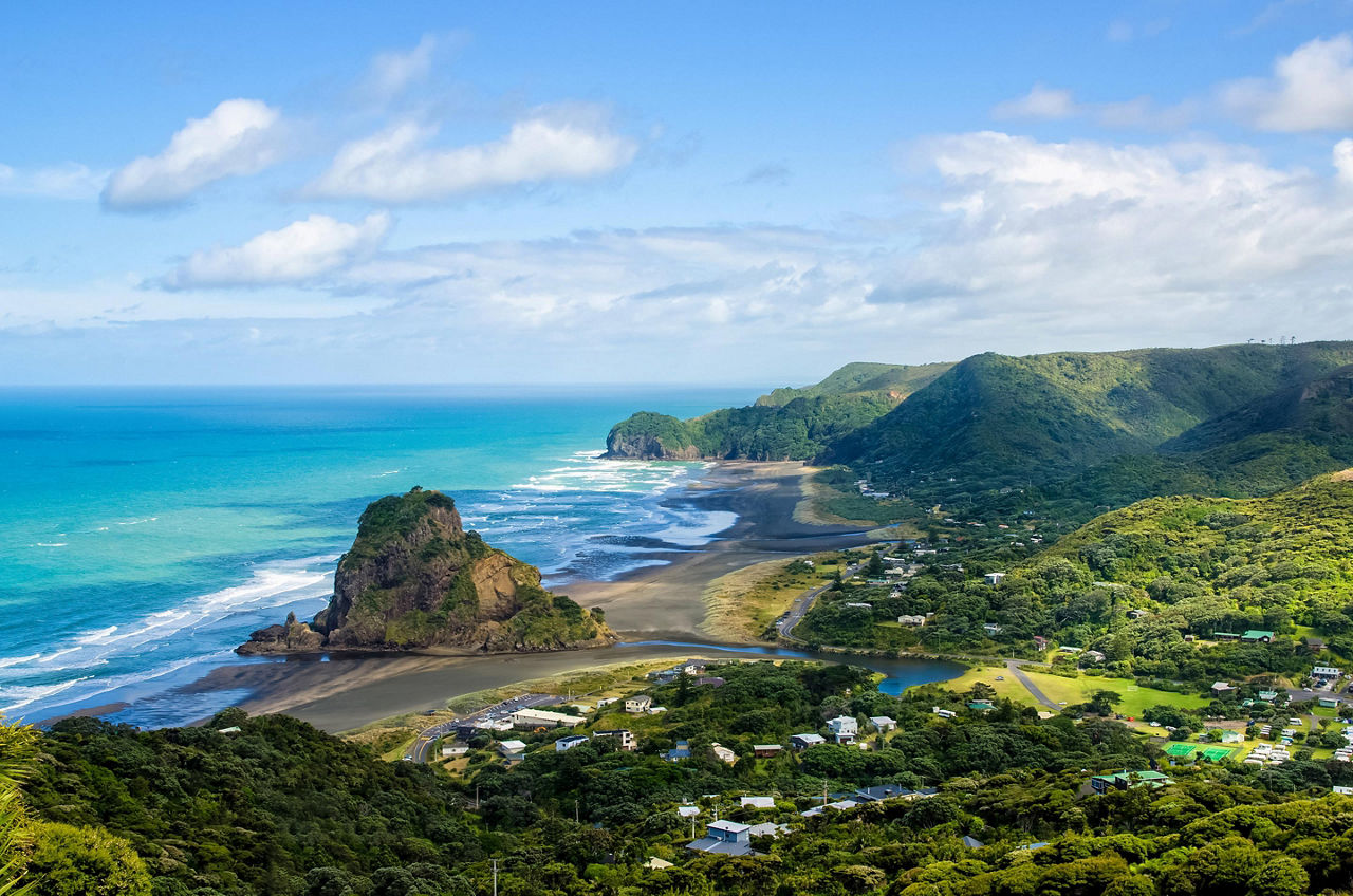 Beach with Green Scenery in New Zealand