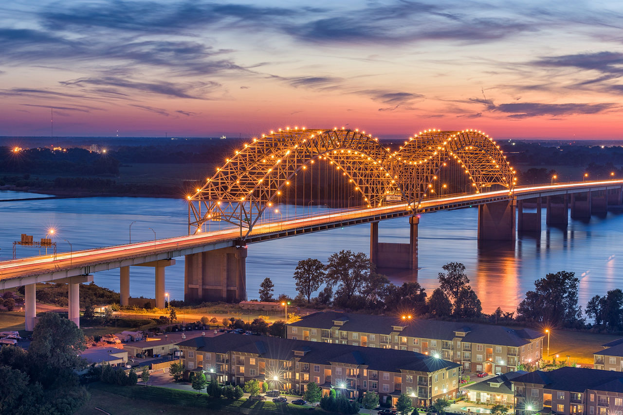 Hernando de Soto Bridge at dusk. North America