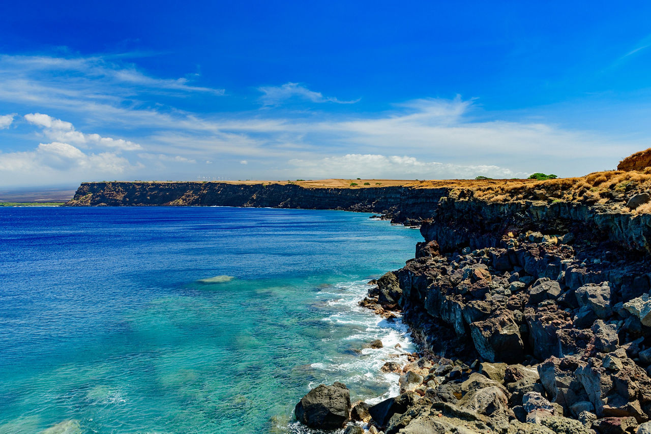 South Point on the Big Island overlooking the Pacific Ocean from steep cliffs. Hawaii.