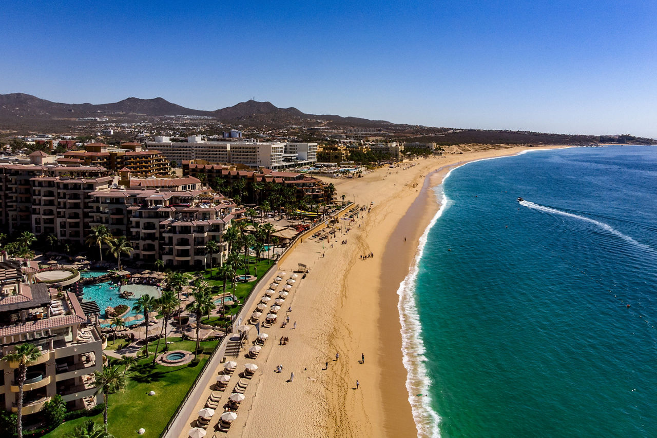 Drone View of the Villa Group of Hotels on Medano Beach, Cabo San Lucas, Mexico