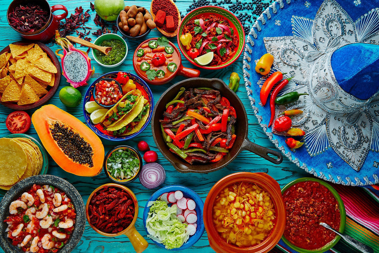 Mexican Food Mix Colorful Background Mexico and Sombrero, Mexico