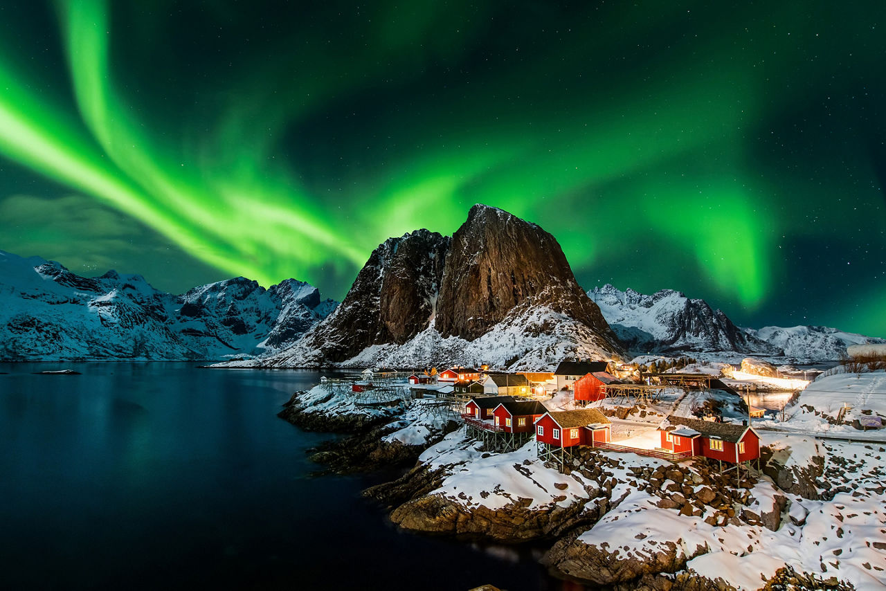 Aurora borealis over Hamnoy in Norway