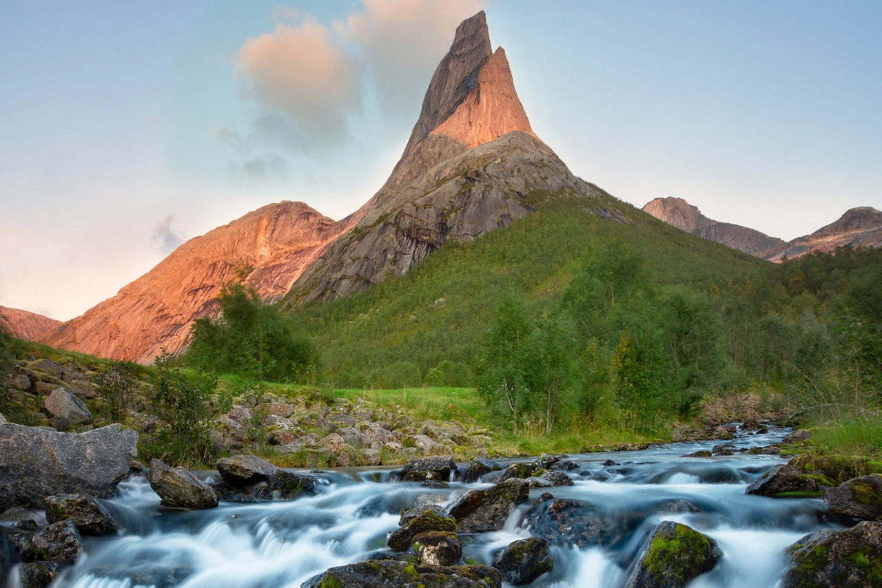 Water Flowing alongside the Stetind Mountain in Norway's National Park. Norway.