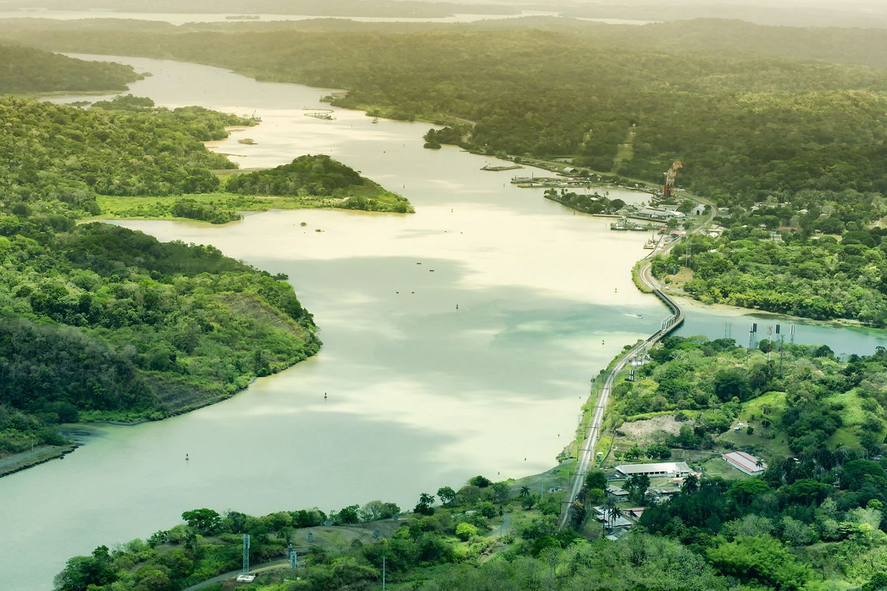 Aerial view of Panama Canal on the Atlantic side. Panama Canal