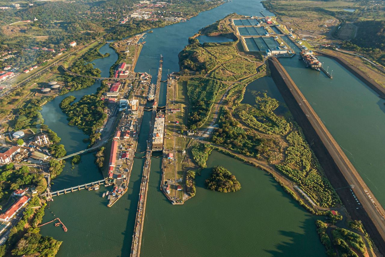 Aerial view of ships cruising through the Miraflores Locks. Panama Canal