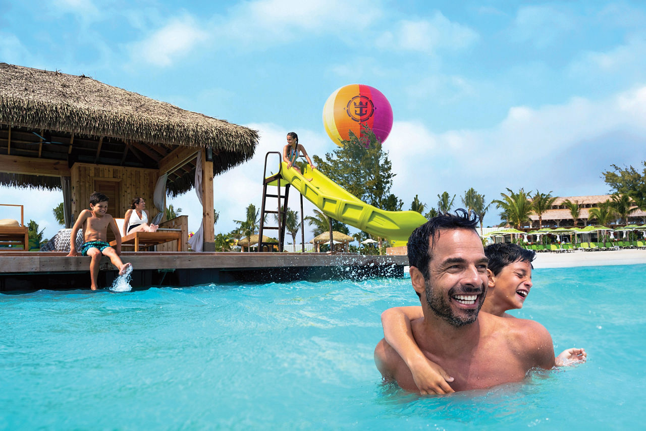 Father and Son by the Floating Cabanas at Perfect Day at Coco Cay