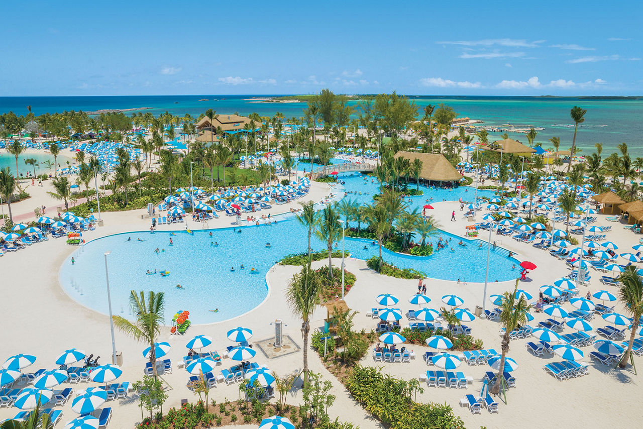 Perfect Day Coco Cay Oasis Lagoon Aerial with Cabanas