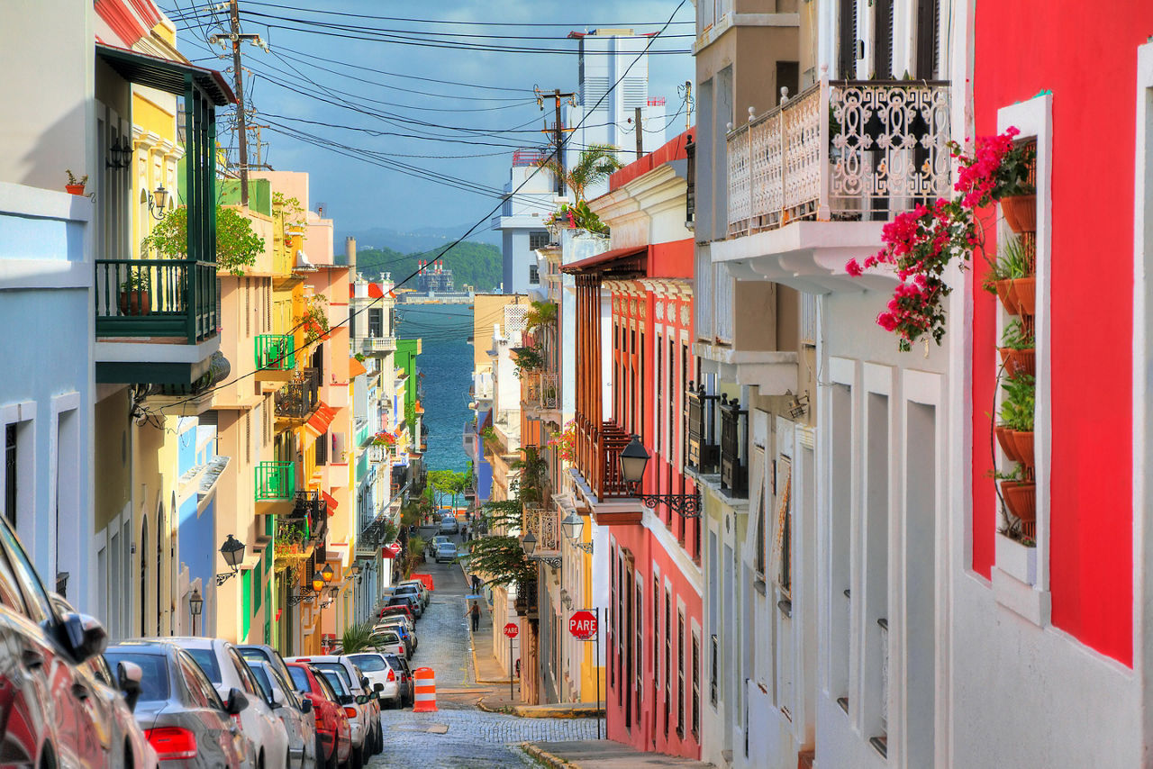 Beautiful typical traditional vibrant street in San Juan, Puerto Rico