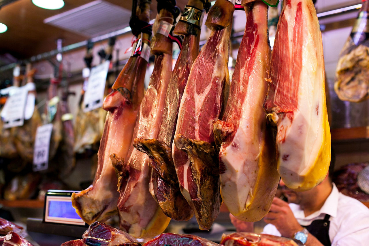 Spanish Hamon Iberico in a Market in Spain