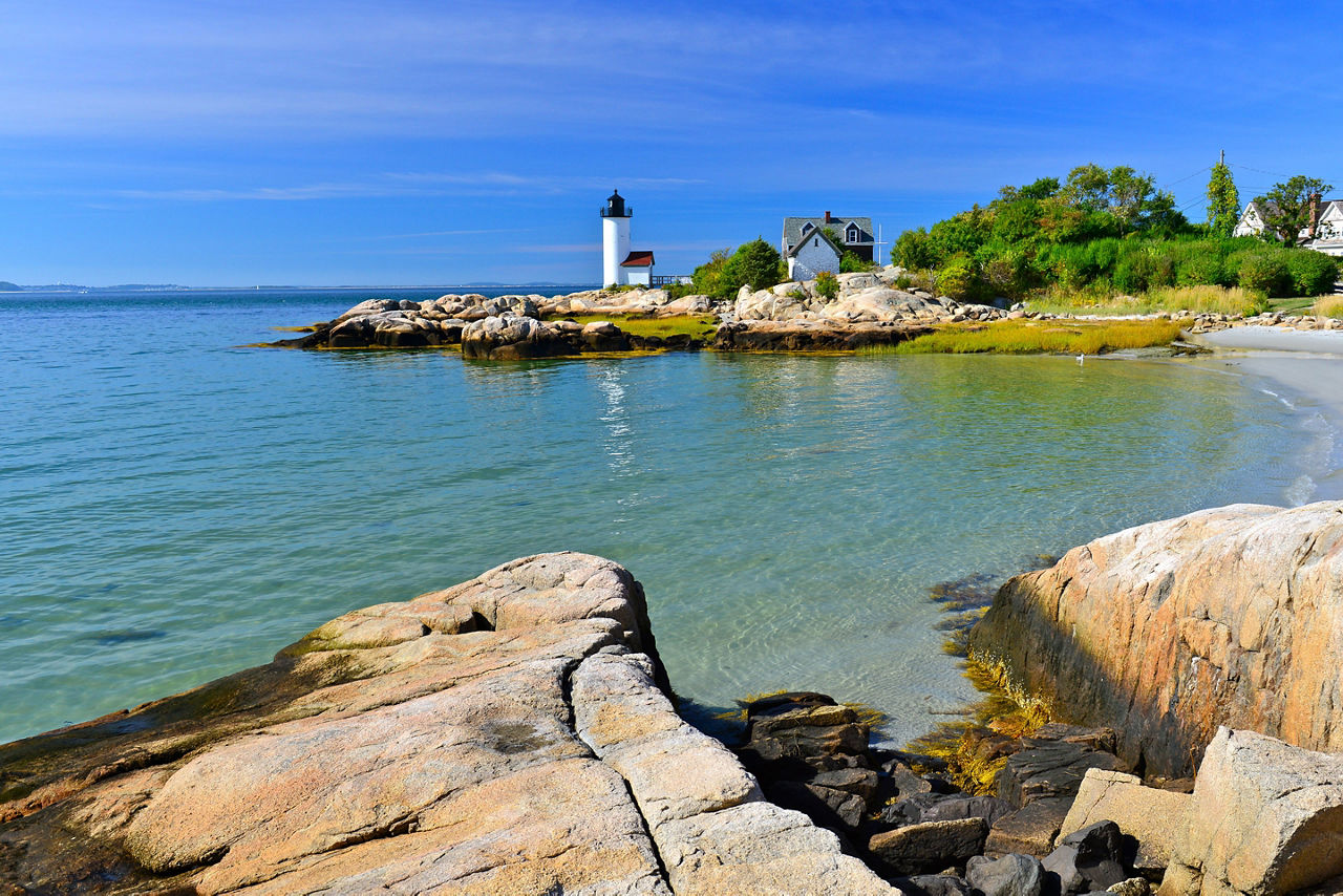 Annisquam Harbor Lighthouse aerial view, Gloucester, Cape Ann, Massachusetts