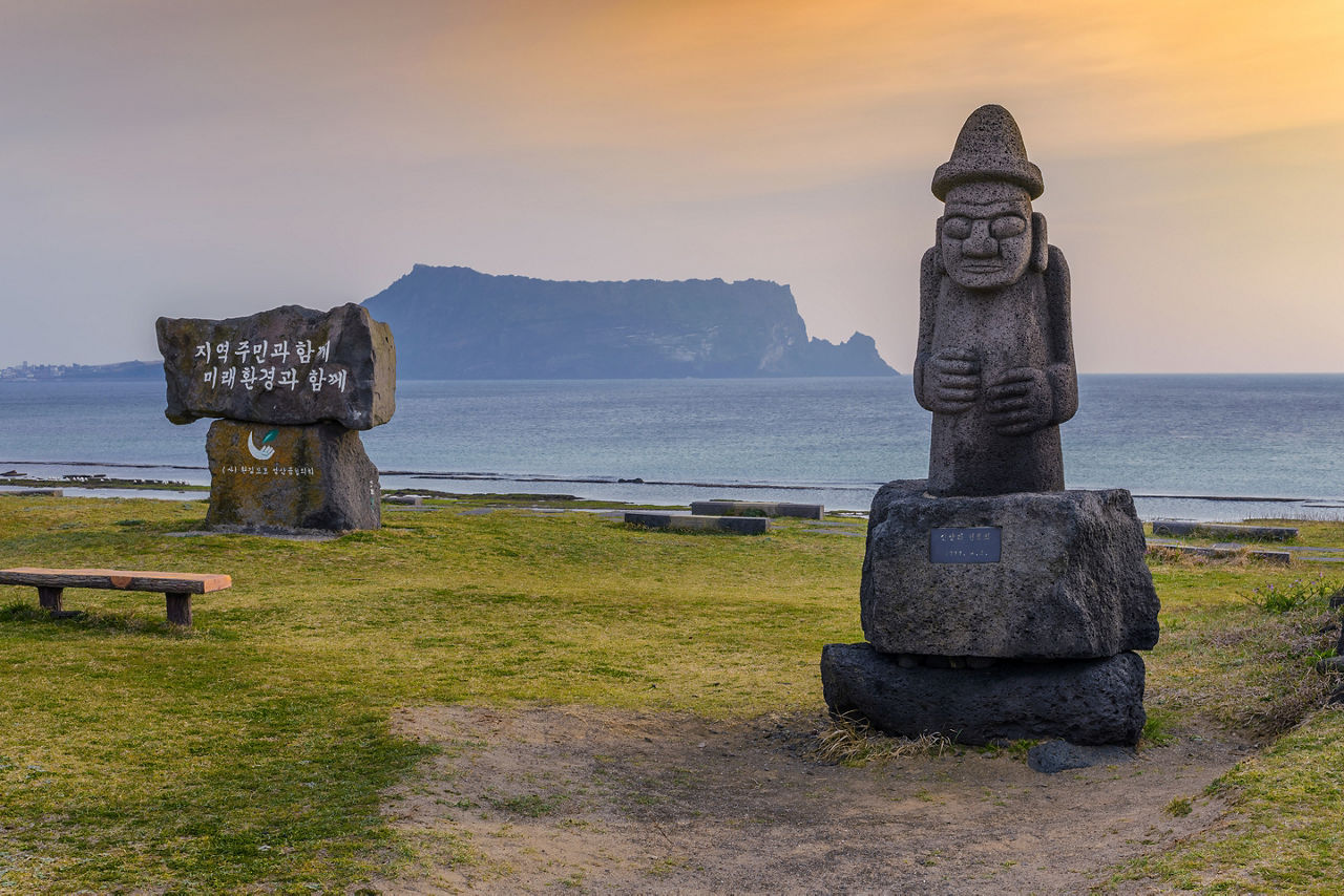 Jeju Island's tradtional dol hareubang, or grandfather stone statues are important to the island's culture.