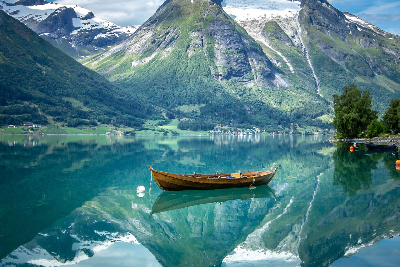 Idyllic scenery in Hjelle, Stryn, Norway. Reflections at its best