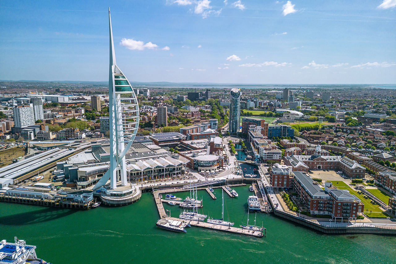 The drone aerial view of Spinnaker Tower and Portsmouth Harbour.