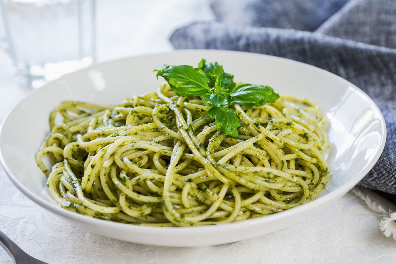 Spaghetti with homemade pesto sauce