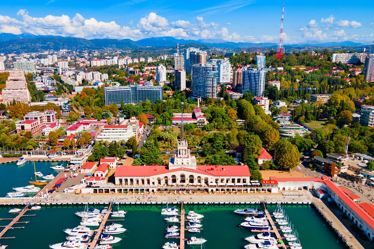 Sochi port or marine passenger terminal aerial panoramic view in Sochi. 