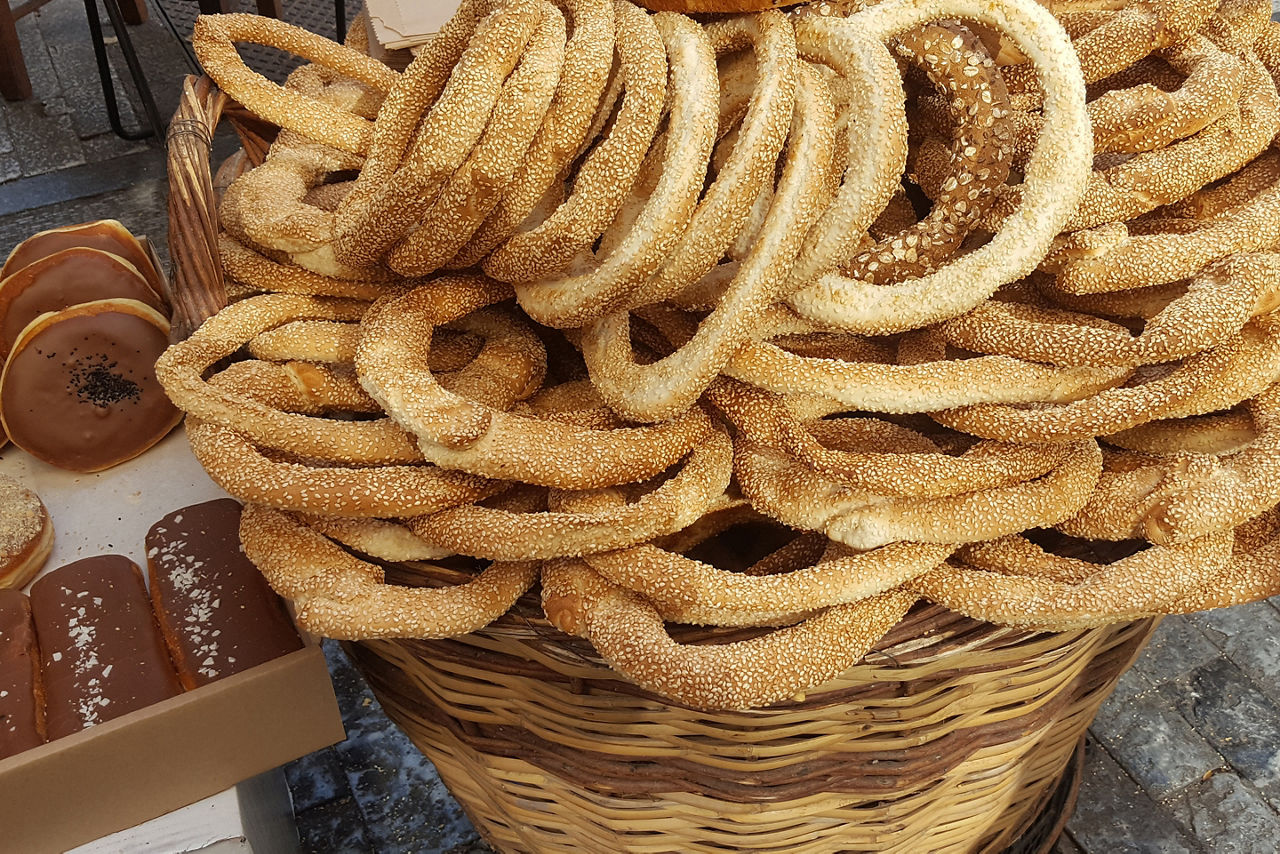 Greek bagels (koulouri) at street vendor in Athens, Greece