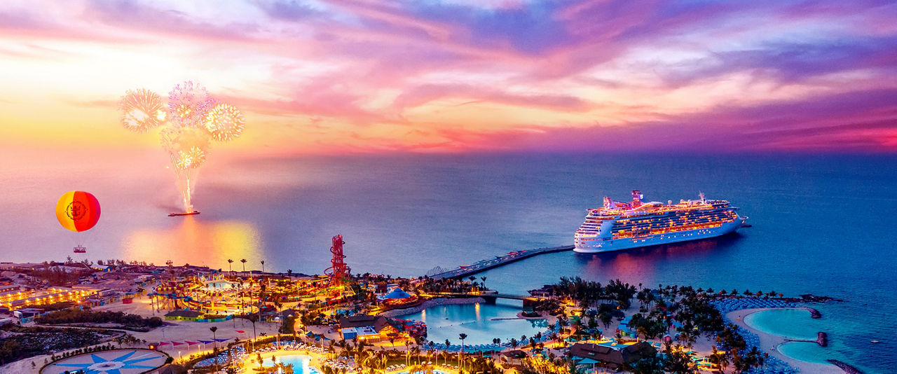 CocoCay Sunset Aerial View Hero 1920 800 FAM NF 2x